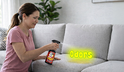 Woman spraying away odors on a couch