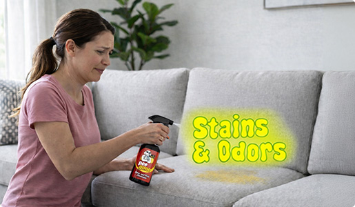 Woman spraying away odors on a couch